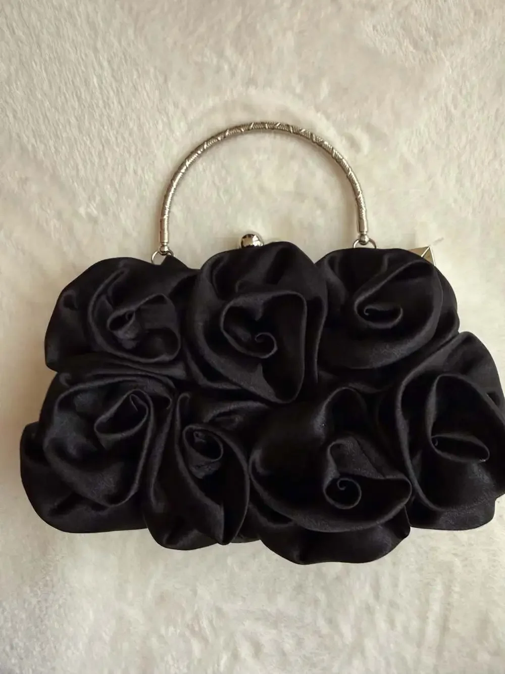 Black Satin Rose Evening Clutch Purse
